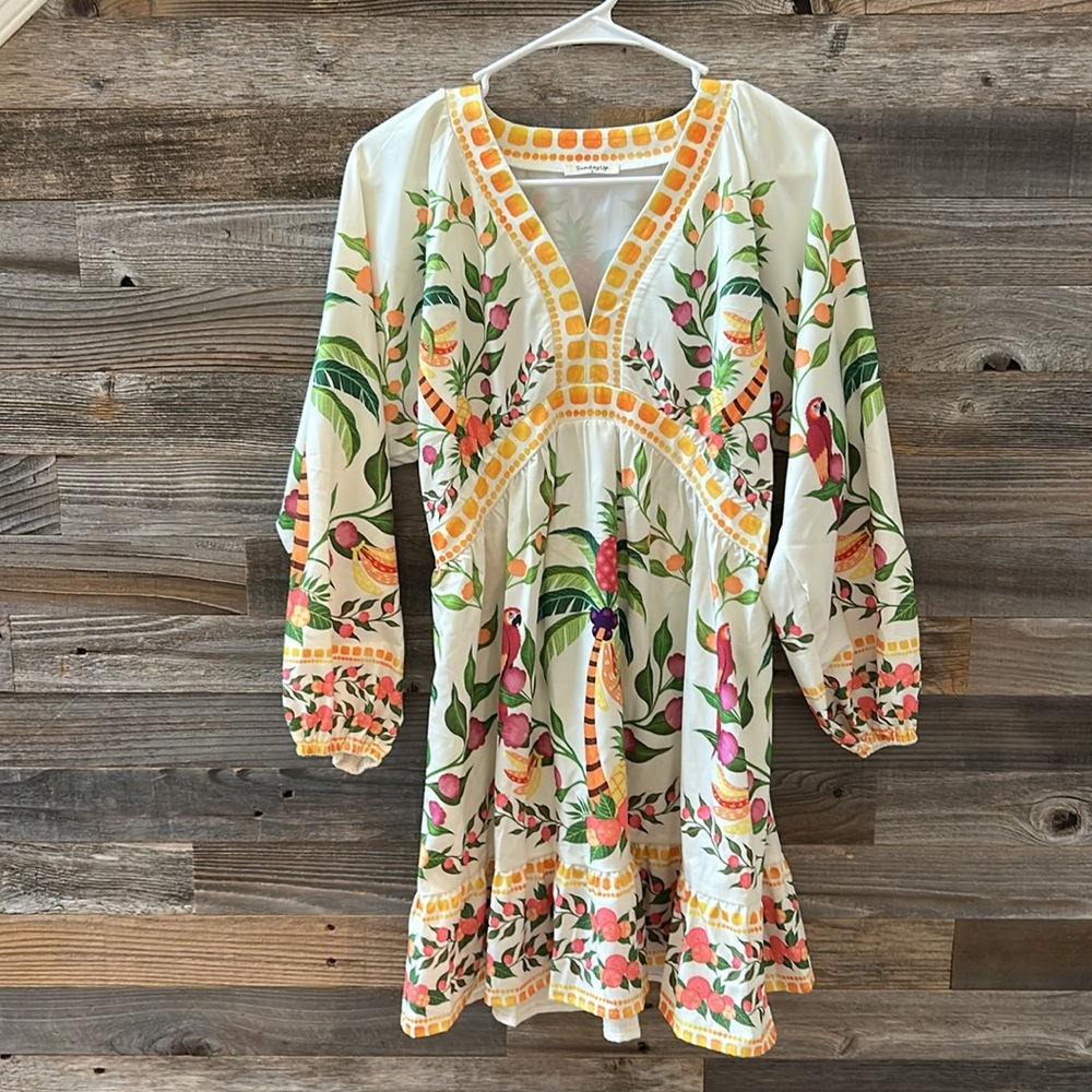 NWOT Sunday Up Yellow Green Dolce Vita Italy Lemon Printed Abstract Dress Small - Picture 4 of 9